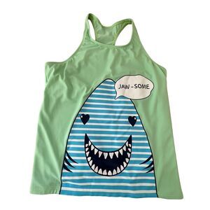 Land's End Girls Green Aqua Shark "Jaw-some" Racerback Swim Tank Sz 16‎